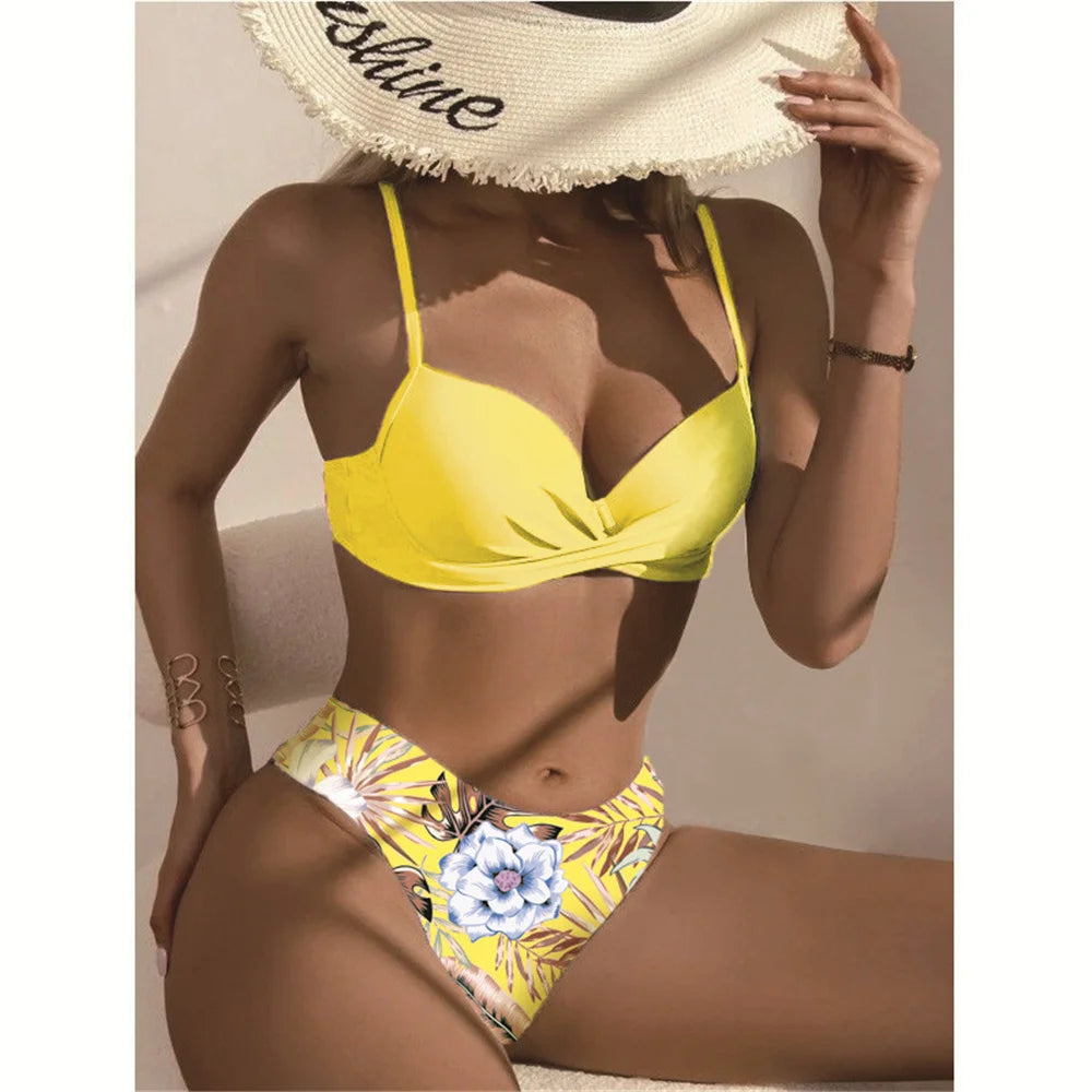 Women's Print 3 Piece Bikini Set - Push Up Twist Swimsuit with Long Sleeve Cover Up