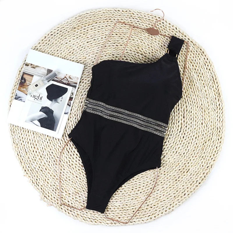 Vintage One Shoulder One Piece Swimsuit - Black Monokini Bathing Suit