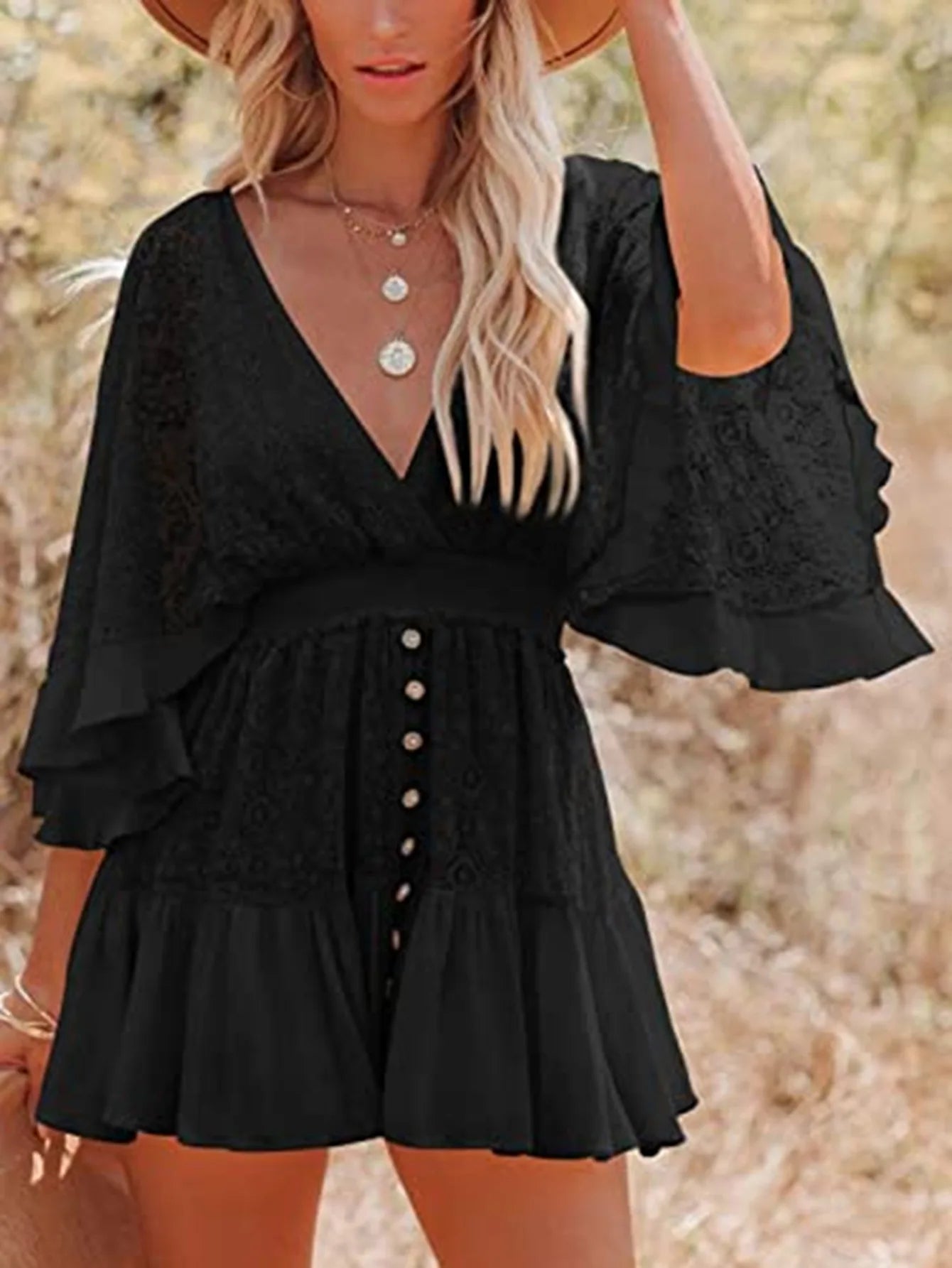 White Lace Bikini Cover Up - Sexy Deep V Neck Tunic with Ruffles & Long Sleeves