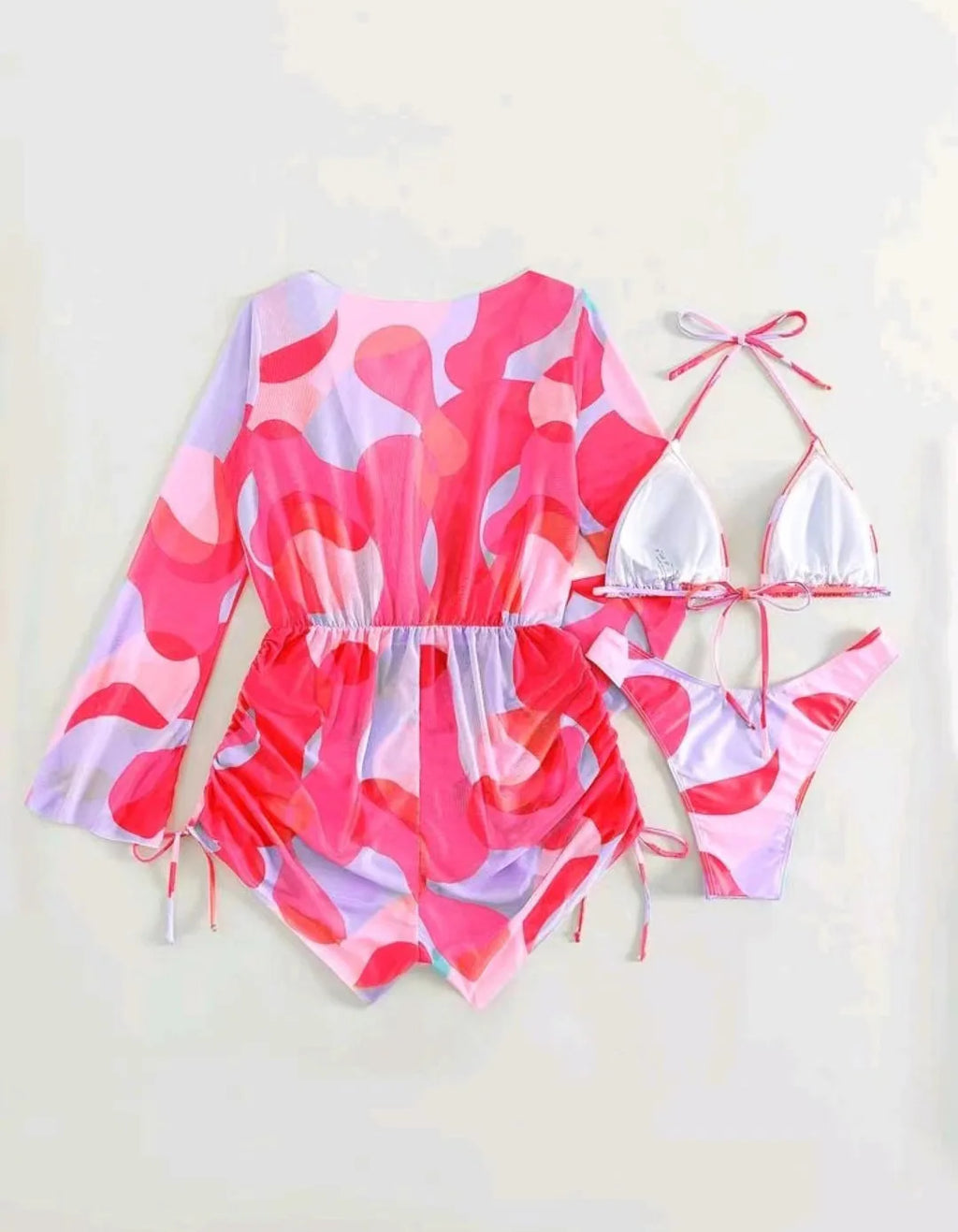 Print 3 Piece Bikini Set with Long Sleeve - Women's Cross Halter Swimwear for Beach