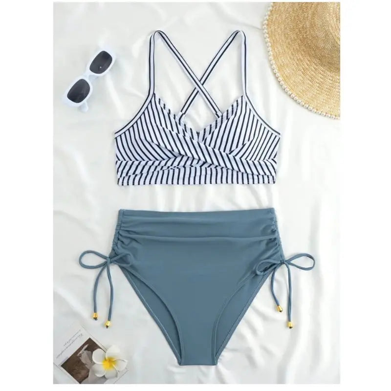 CIKINI Women's High Waist Criss-Cross Bikini Set | Metal Pendant & Adjustable Drawstring