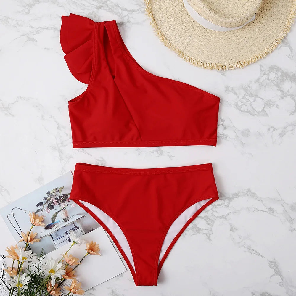 One Shoulder Ruffle Bikini Set - Solid High Waist Padded Swimwear for Women | 2025