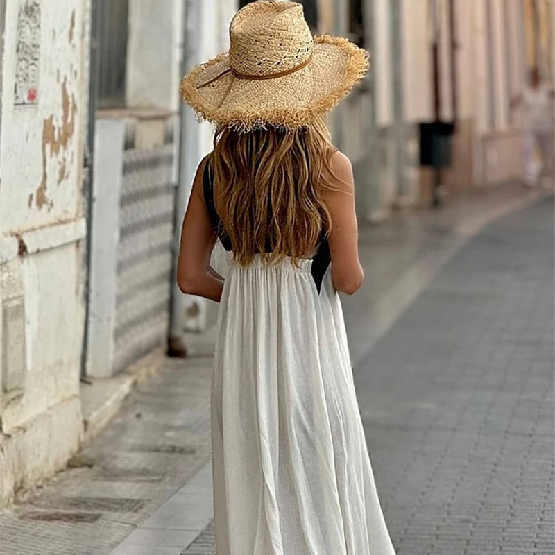 Women's Cotton Linen Maxi Dress | Hanging Neck Strapless Sleeveless Summer Style