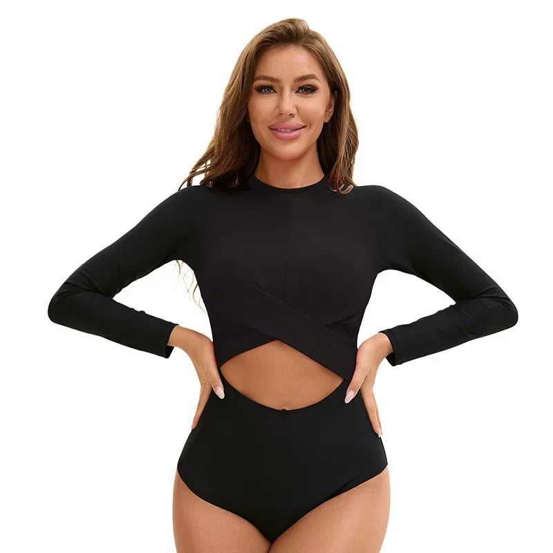 Women's Sporty Color Block Swimsuit Set | Long Sleeve & High Waist Surf Swimwear
