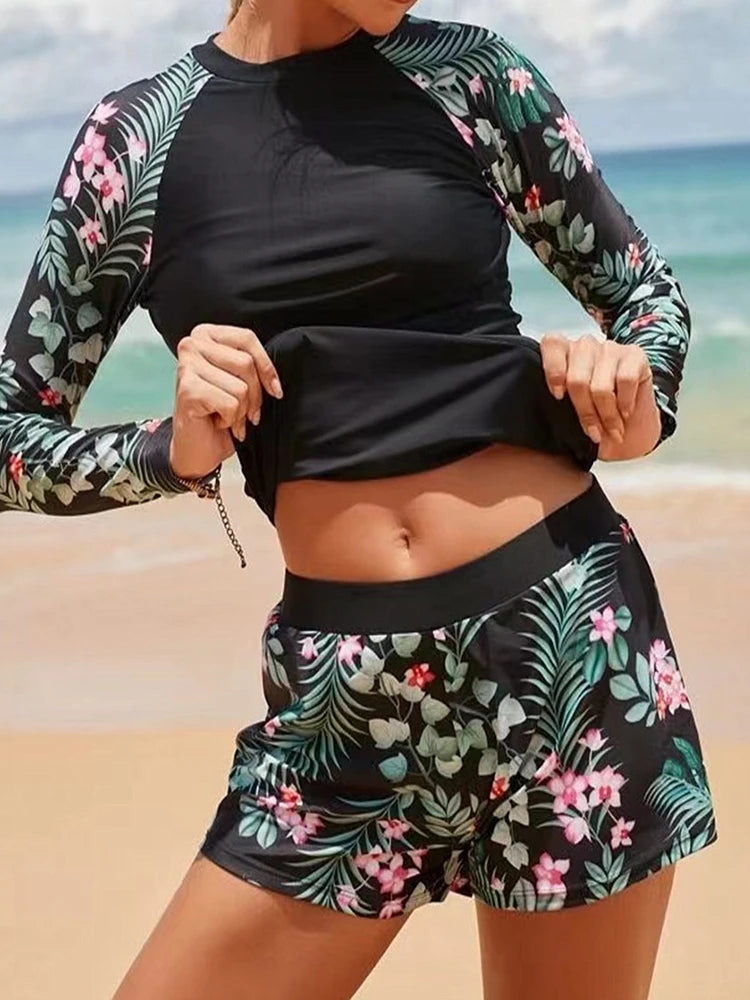 Women's Long Sleeve Tankini Swimwear Set - High Waist Boxer Shorts 2 Piece Beachwear