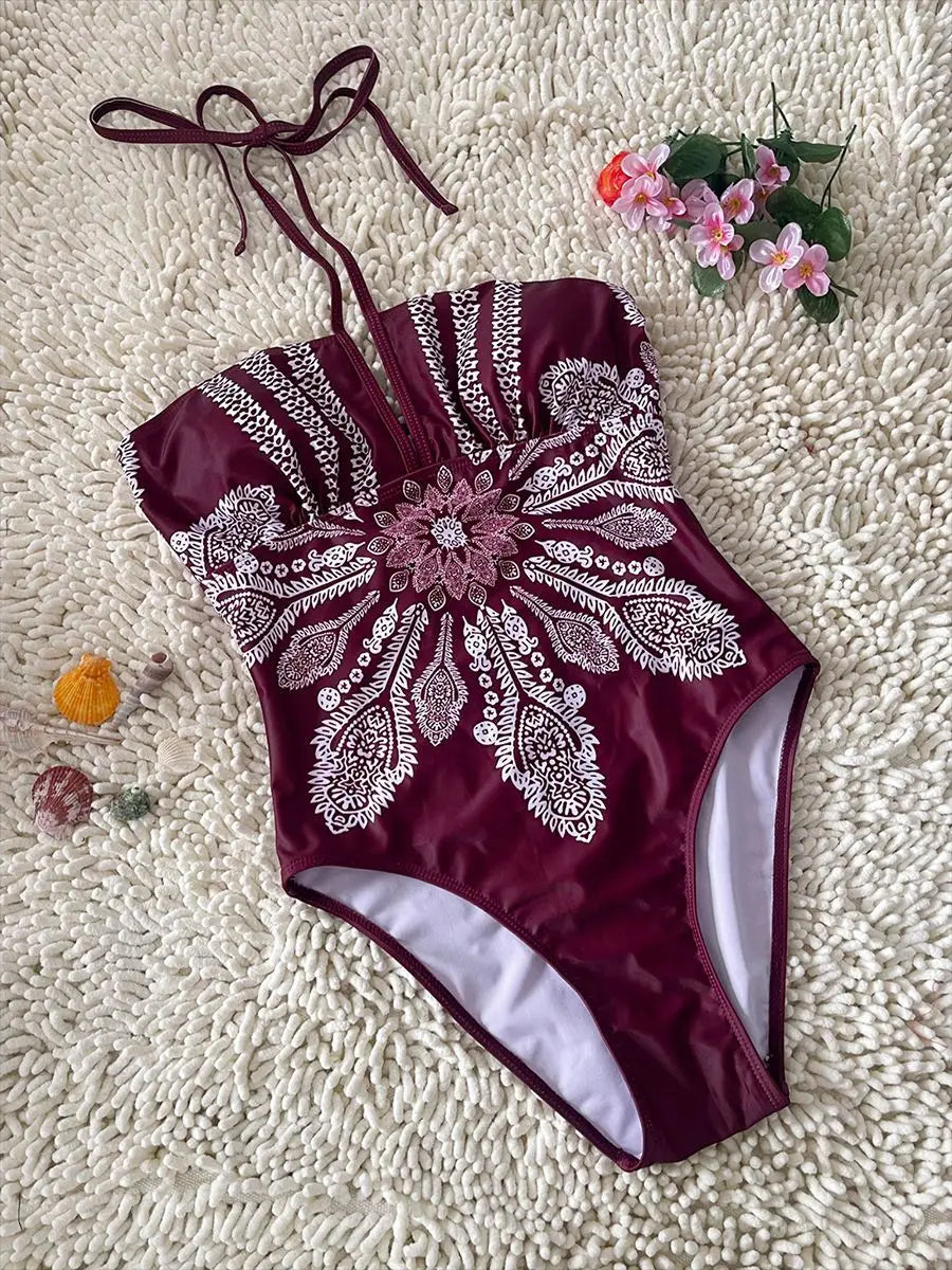 Women's Retro Floral One-Piece Swimsuit | Vintage Print Push Up Swimwear
