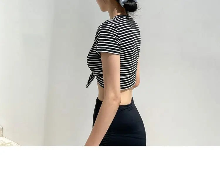 Women's Black and White Striped Bikini Set | High Waist Slimming Swimwear with Strapless Top
