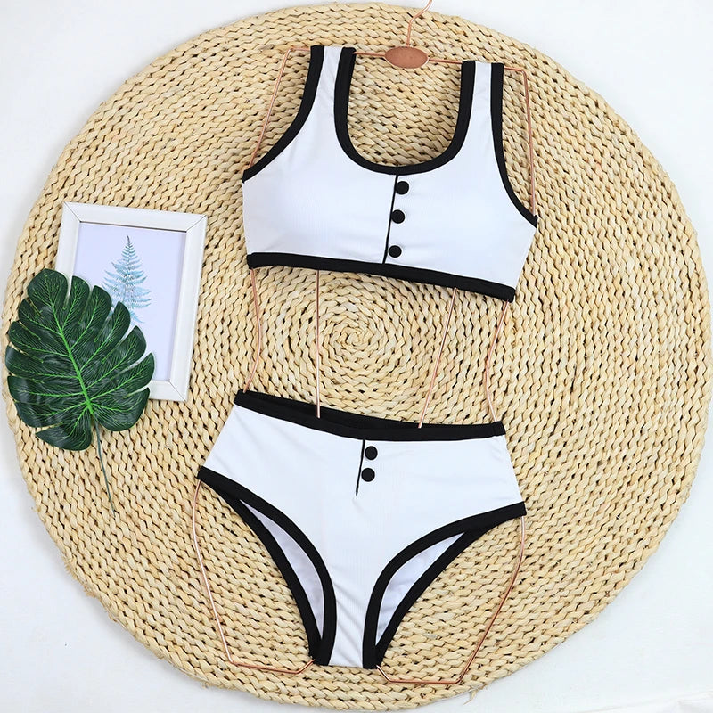 Women's High Waist Ribbed Bikini Set | Two-Piece Swimwear with Shorts