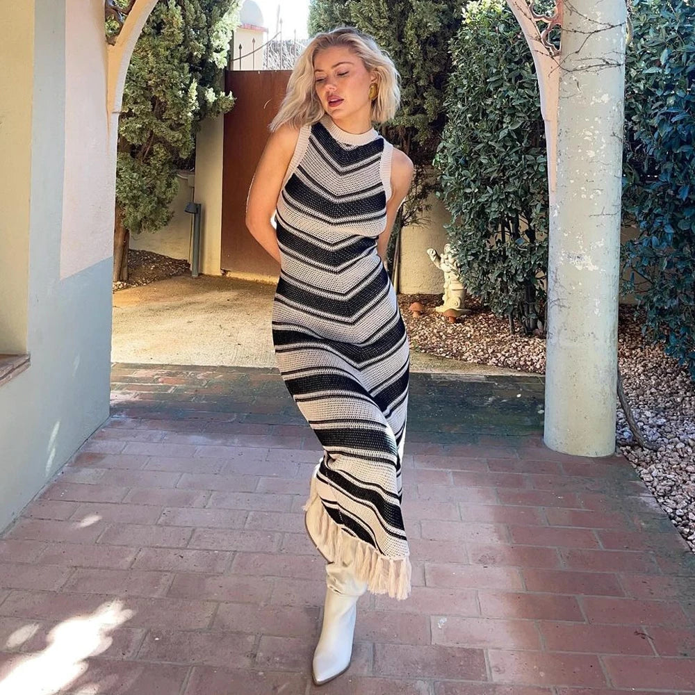 Knitted Beach Cover Up Dress - Elegant Striped Long Dress with Tassels | Boho Holiday Outfit