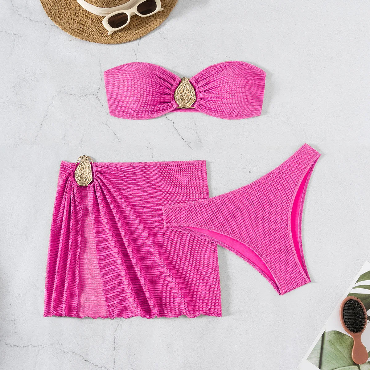 Women's 3-Piece Floral Push Up Bikini Set | Sarong Cover-Up Skirt Swimwear