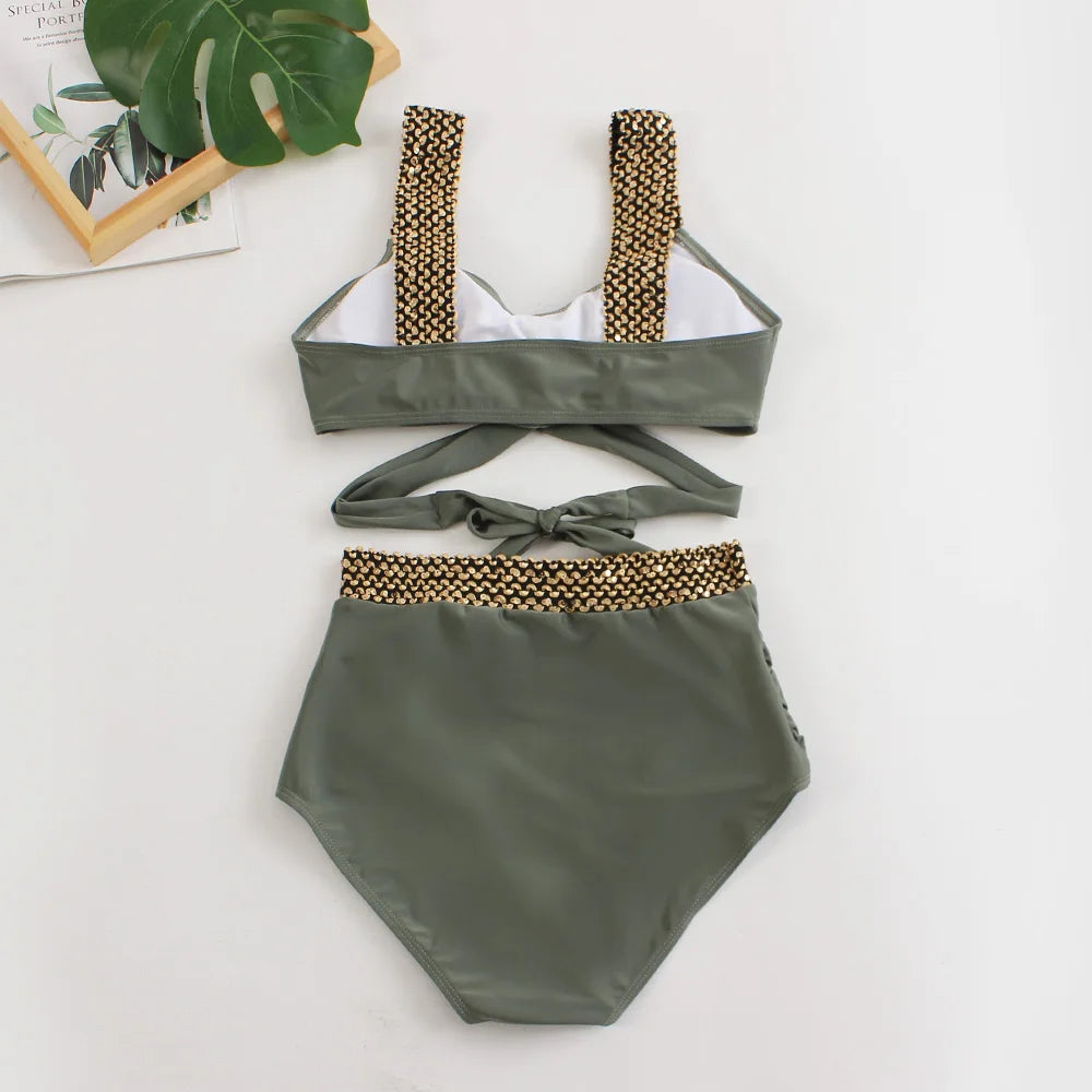 Black Cross High Waist Bikini Set - Solid Swimsuit for Women | 2025 Summer Beachwear
