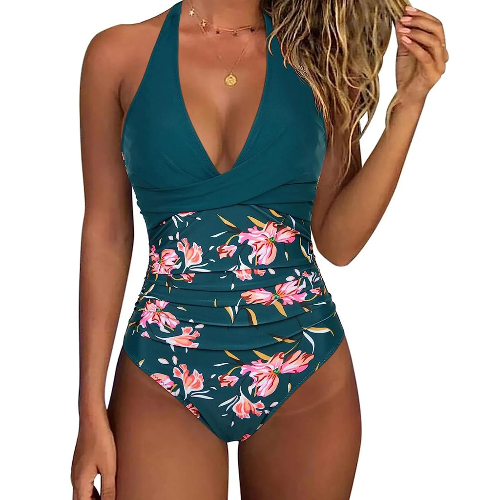 Women's Wrinkled Halter One Piece Swimsuit | V Neck Backless Monokini S-XXL