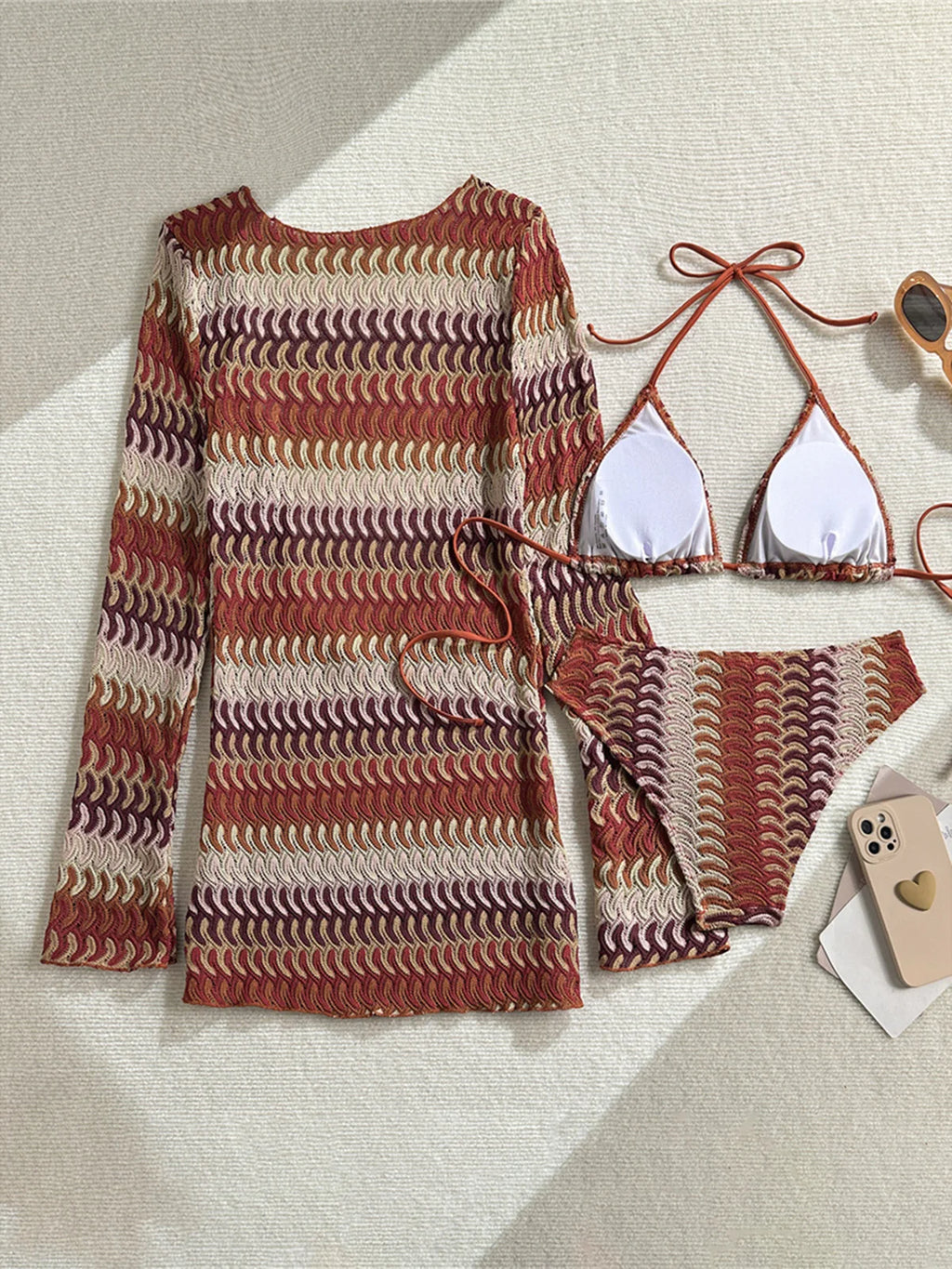Women's 3-Piece Printed Bikini Set | Long Sleeve Cover Up Swimwear