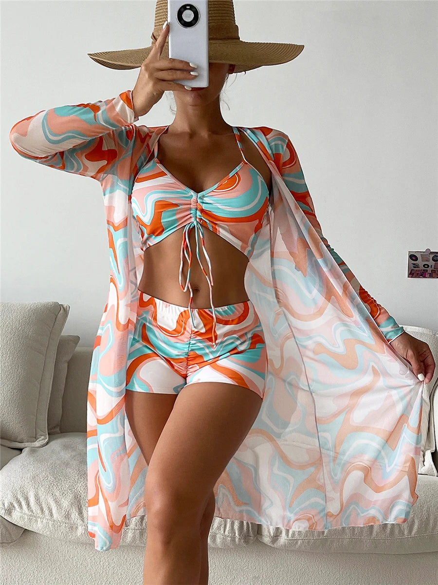 Sexy Printed 3 Piece Bikini Set - High Waist Swimsuit with Cover Up for Women
