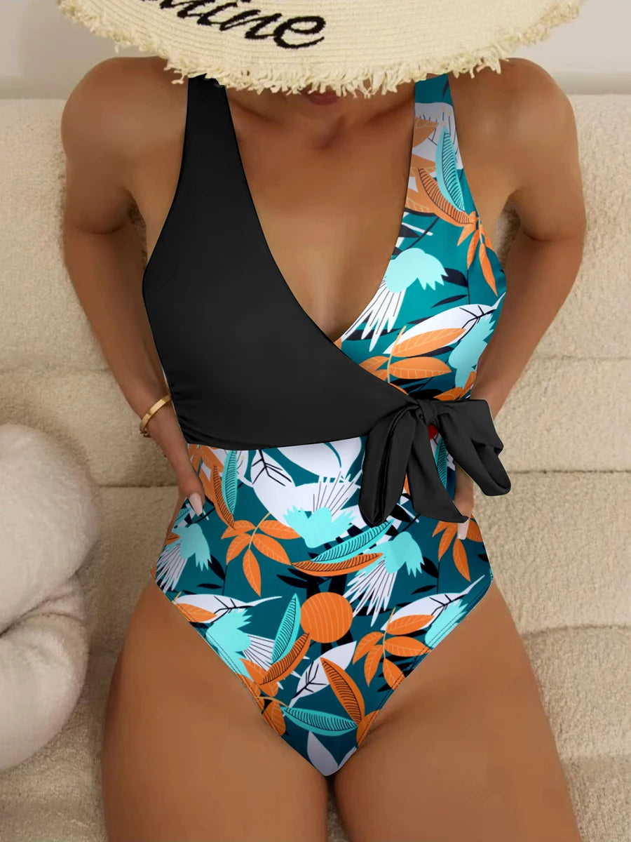 Tropical Print One Piece Swimsuit - Knot Side Belted & Padded Bathing Suit for Women