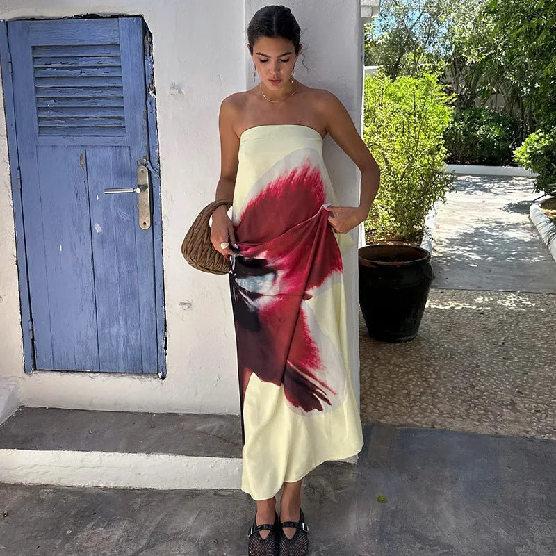 Yellow Floral Maxi Dress - Sexy Strapless & Backless with Belt | Vacation Party Beachwear