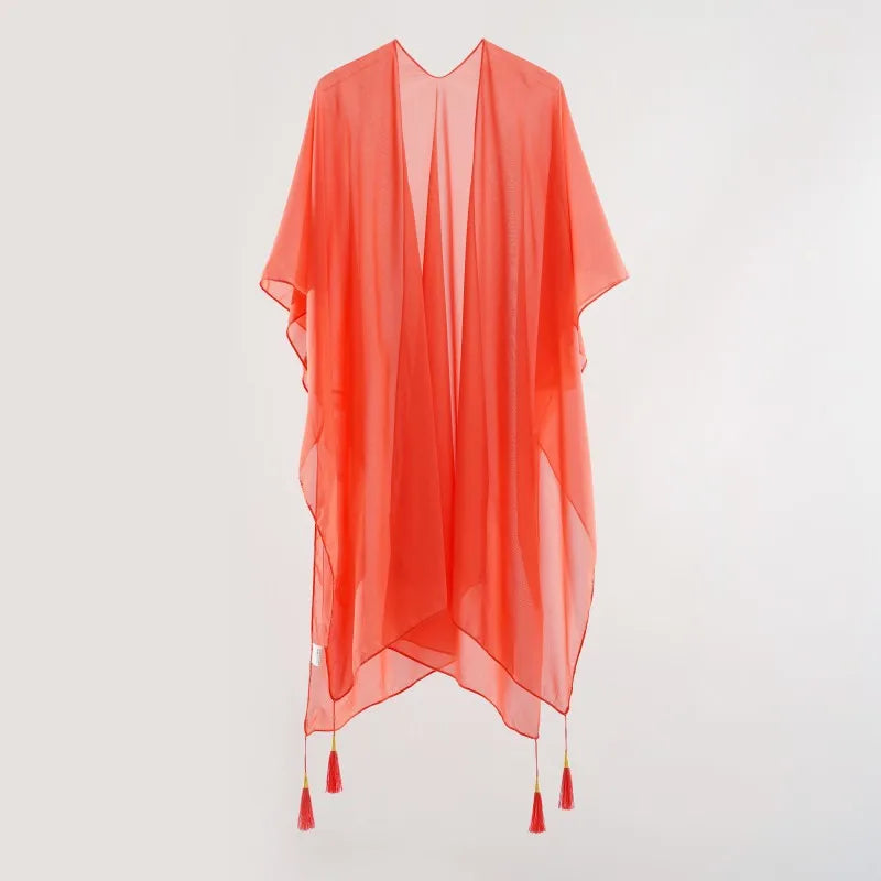 Pure Color Chiffon Beach Cover Up - Women's Sun Protection Long Cardigan Cape