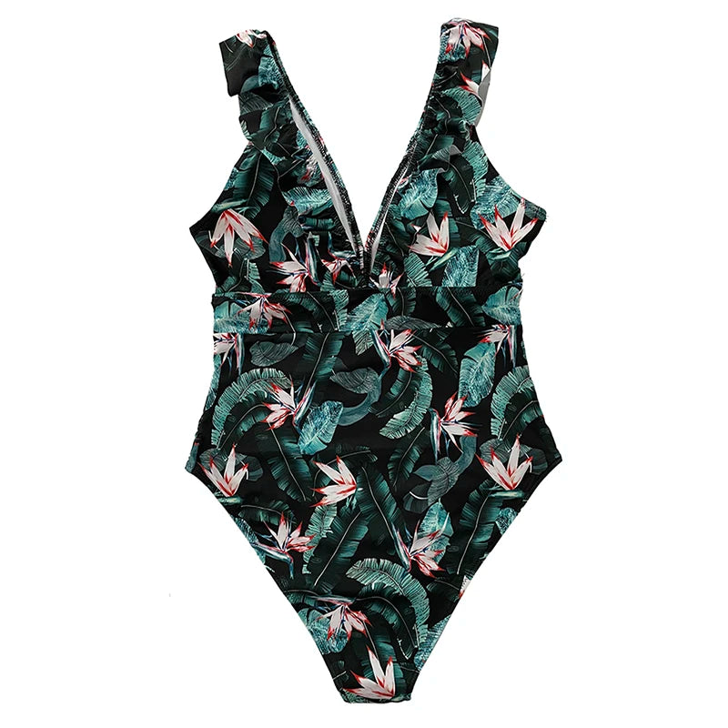 Women's Striped Ruffle One Piece Swimsuit | Vintage Print Monokini Beachwear