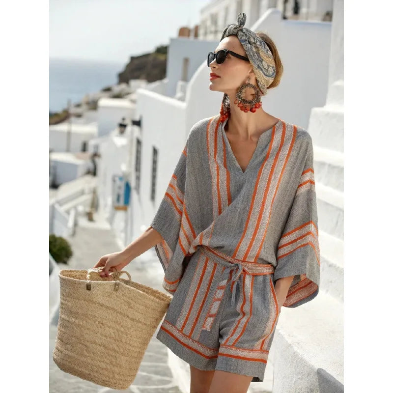 Women's Bohemian Striped V-Neck Shorts Set | Casual Beach Vacation Two Piece Outfit
