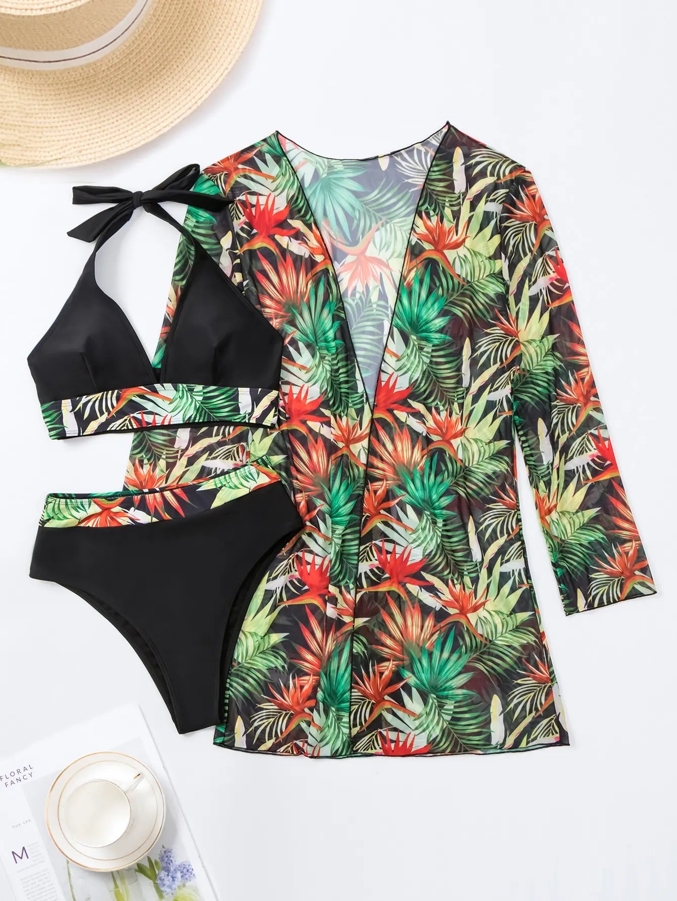 Print 3 Piece Bikini Set with Kimono - Halter High Waist Swimsuit for Women
