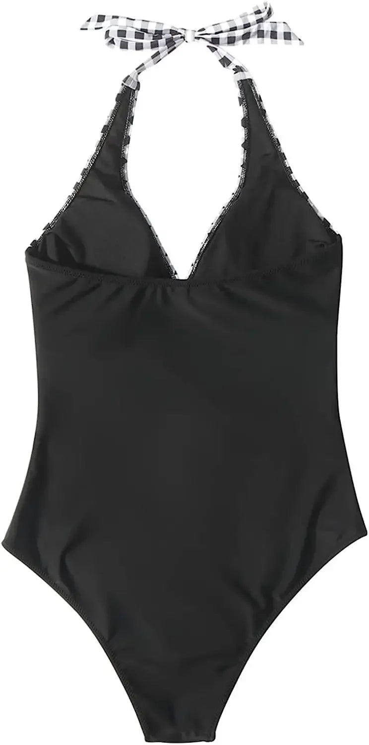 Women's Wrinkled Halter One Piece Swimsuit | V Neck Backless Monokini S-XXL