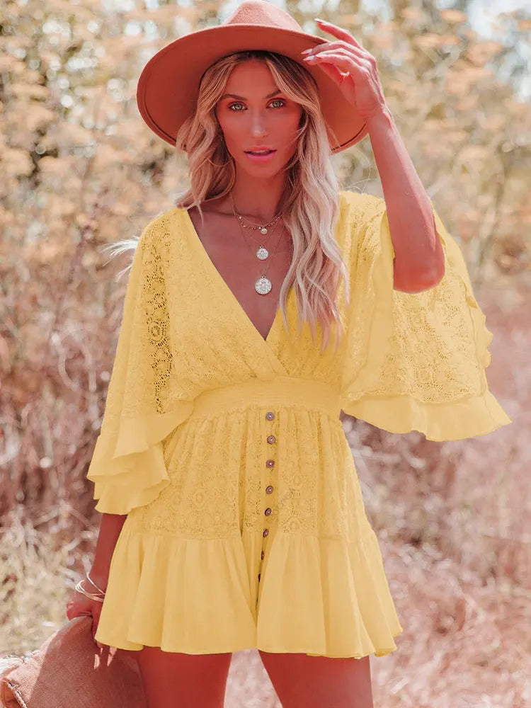 White Lace Bikini Cover Up - Sexy Deep V Neck Tunic with Ruffles & Long Sleeves
