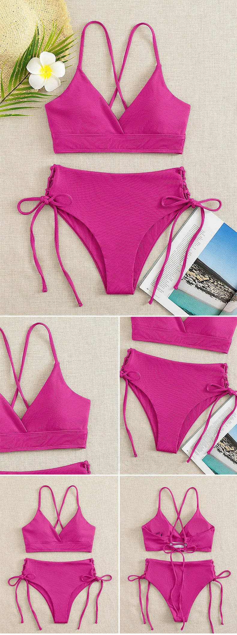 CIKINI Women's V-Neck Lace Up Bikini Set | Solid Color Triangle Swimwear