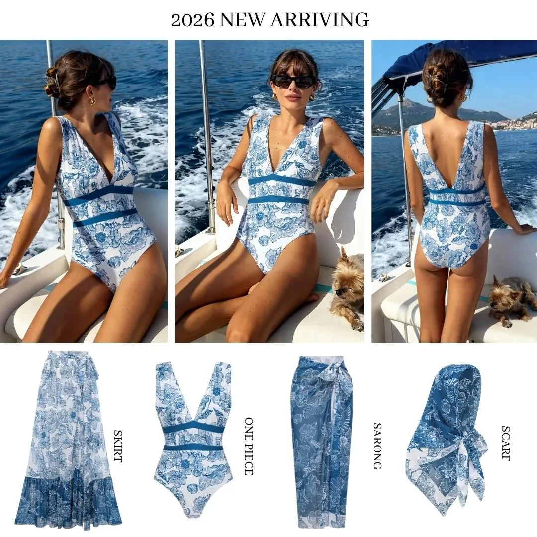 Women's Deep V-Neck One-Piece Swimsuit | Print Beachwear with Slimming Effect