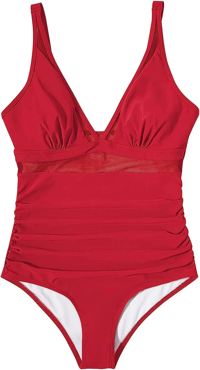 Deep V Neck One Piece Swimsuit - Removable Bra Plain Monokini for Women