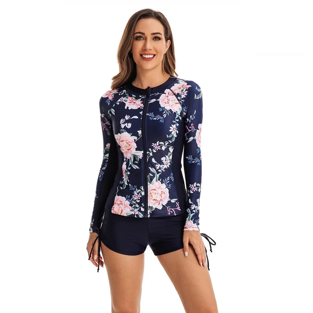 Women's 2 Piece Print Swimsuit Set - Long Sleeve Top with Shorts for Surfing & Beach