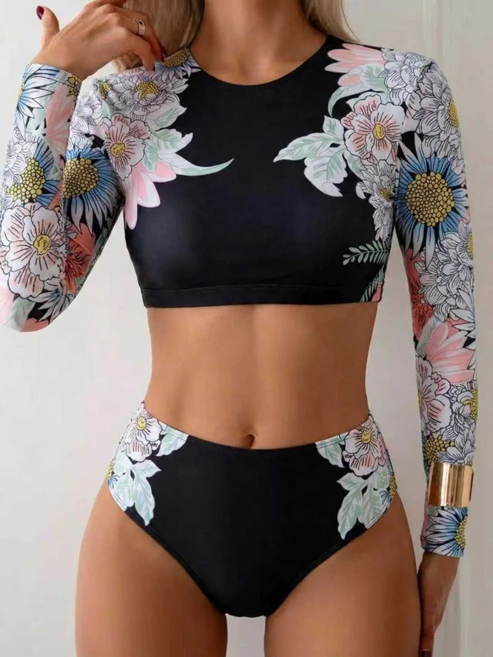 Women's Long Sleeve Floral Print Surfing Swimsuit | Two-Piece Rash Guard Set