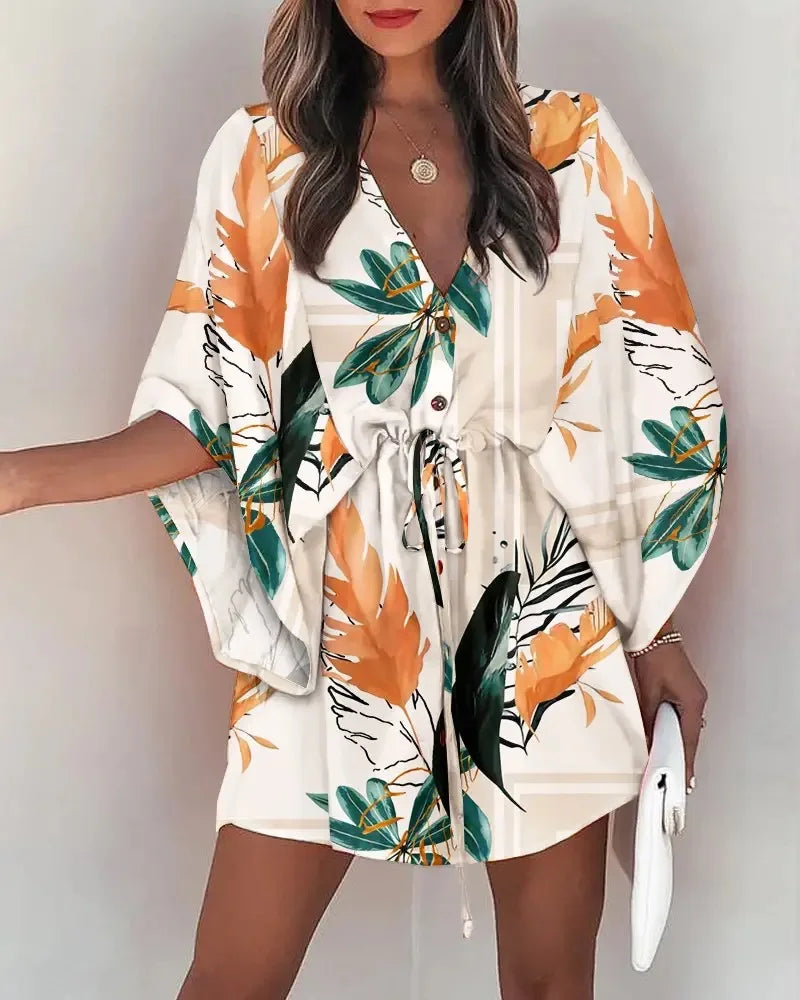Women's Floral Print Batwing Sleeve Dress | V-Neck Ruffle Hem Boho Summer