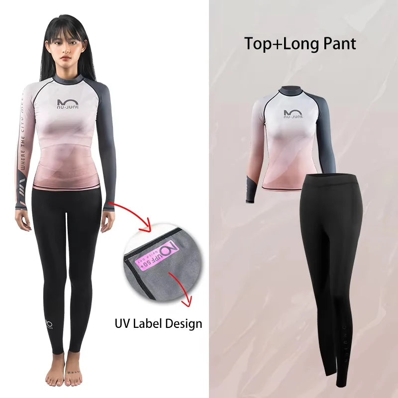 Nu-June Women's Long Sleeve Rash Guard Set | UPF 50+ Push Up Swimsuit with High Waist Bottoms