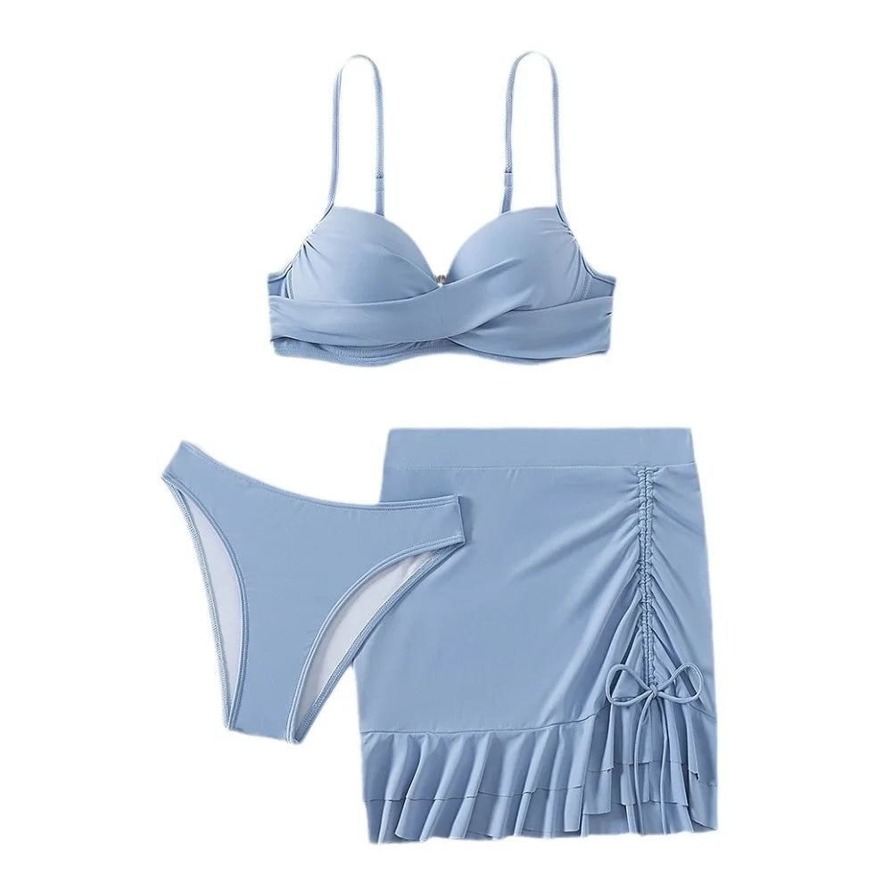 Women's 3-Piece Underwire Push Up Bikini Set | High Waist with Ruffled Drawstring Skirt
