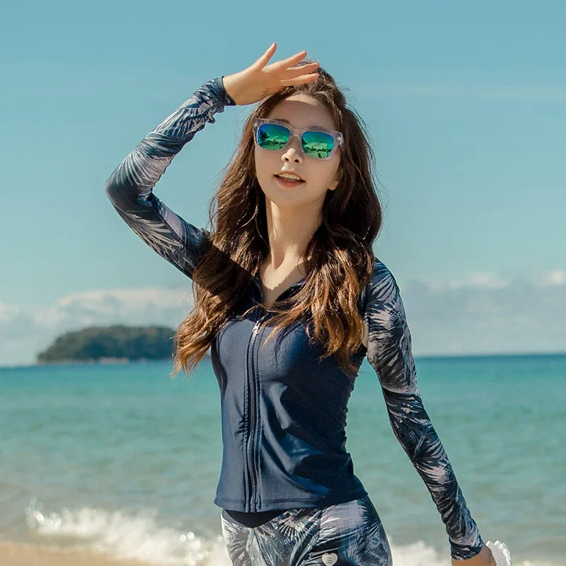 Women's Long Sleeve Rash Guard | Quick Dry Surfing Suit with Zipper & Sun Protection