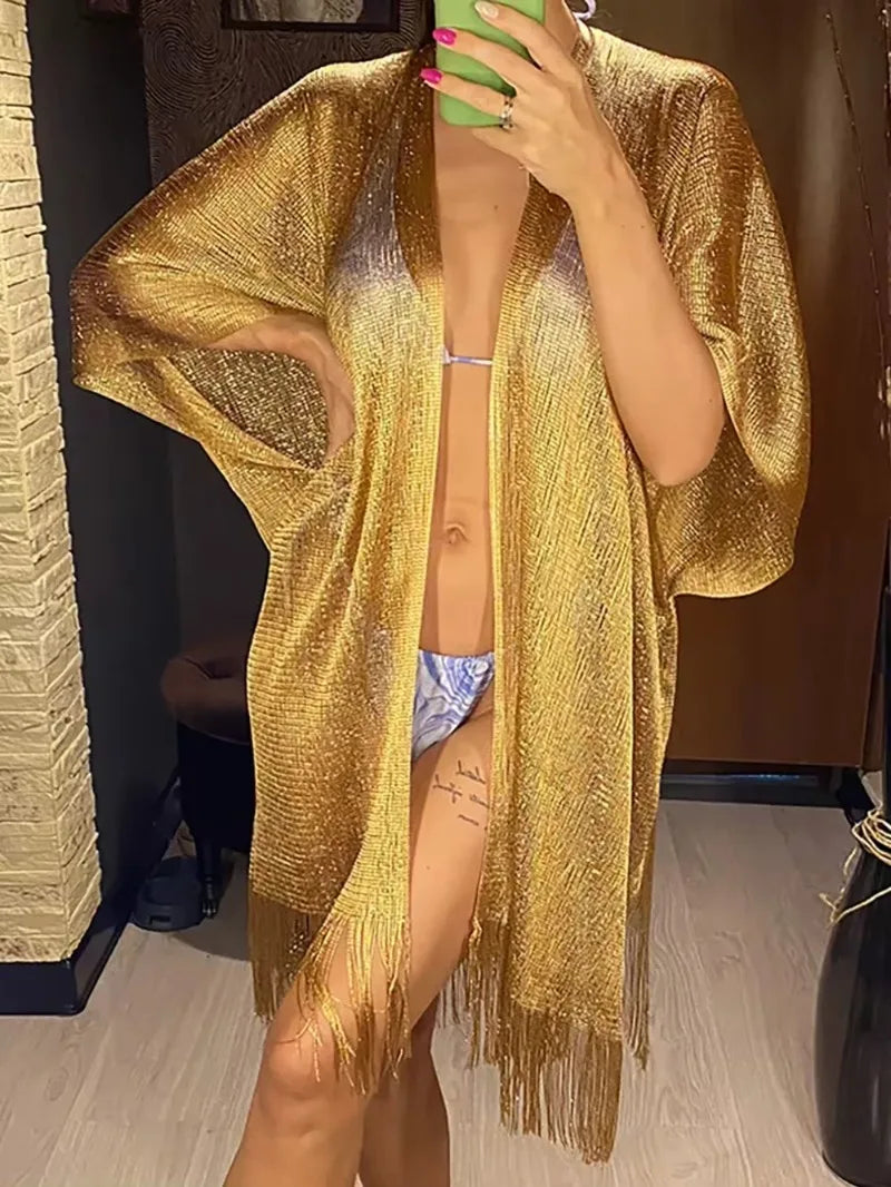 Gold Tassel Bikini Cover Up - Sexy See-Through Beach Dress Tunic for Women