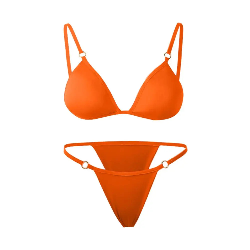 Vacation Woman Girl Solid Color Metal Buckle Sling Backless Split Swimwear Bikini Set Two Piece Swimsuit