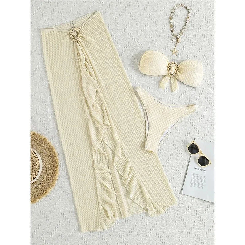 Women's 3 Piece Metal Buckle Bikini Set - Micro Strapless Bandage Style with Slit Ruffled Skirt