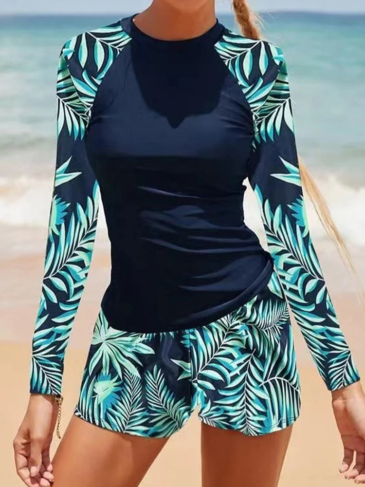 Women's Long Sleeve Tankini Swimwear Set - High Waist Boxer Shorts 2 Piece Beachwear