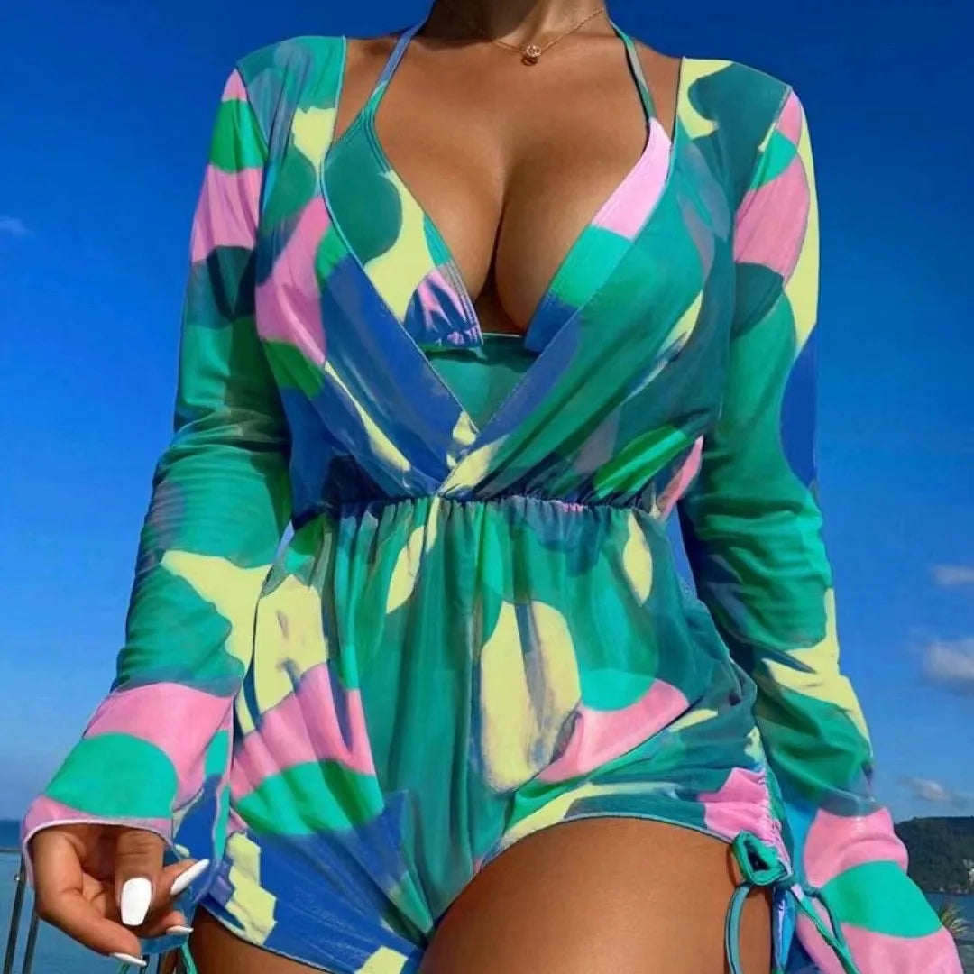 Print 3 Piece Bikini Set with Long Sleeve - Women's Cross Halter Swimwear for Beach