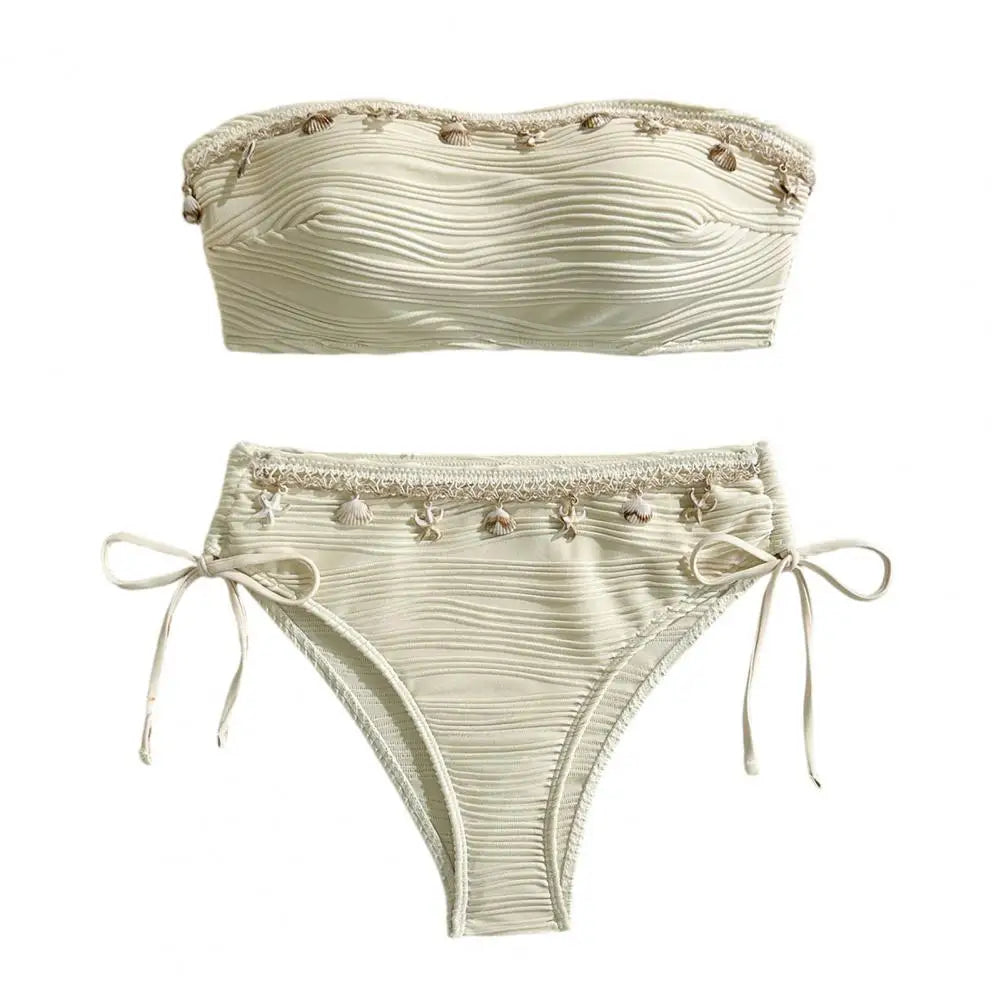Women's Solid Tube Top Bikini Set | High Waist Swimsuit with Shell Decor