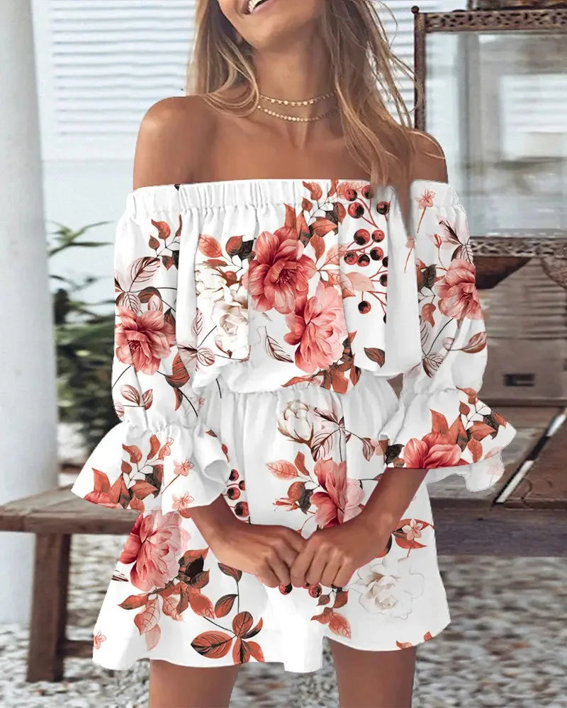 Women's Off Shoulder Ruffle Mini Dress | Puff Sleeves with Floral Print for Summer Beach