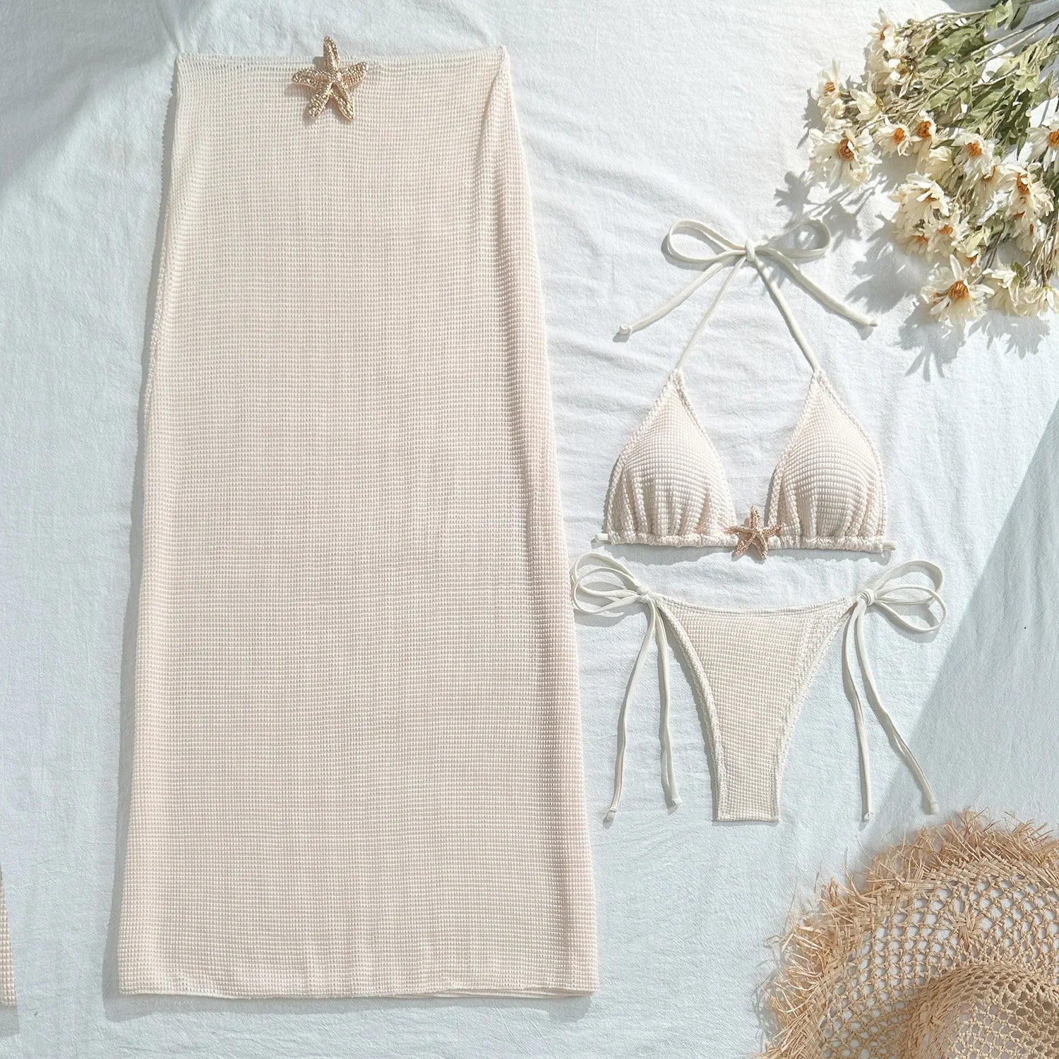 Solid Color 3 Piece Bikini Set with Mesh Skirt - Starfish Swimsuit for Women