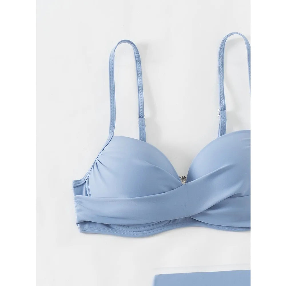 Women's 3-Piece Underwire Push Up Bikini Set | High Waist with Ruffled Drawstring Skirt