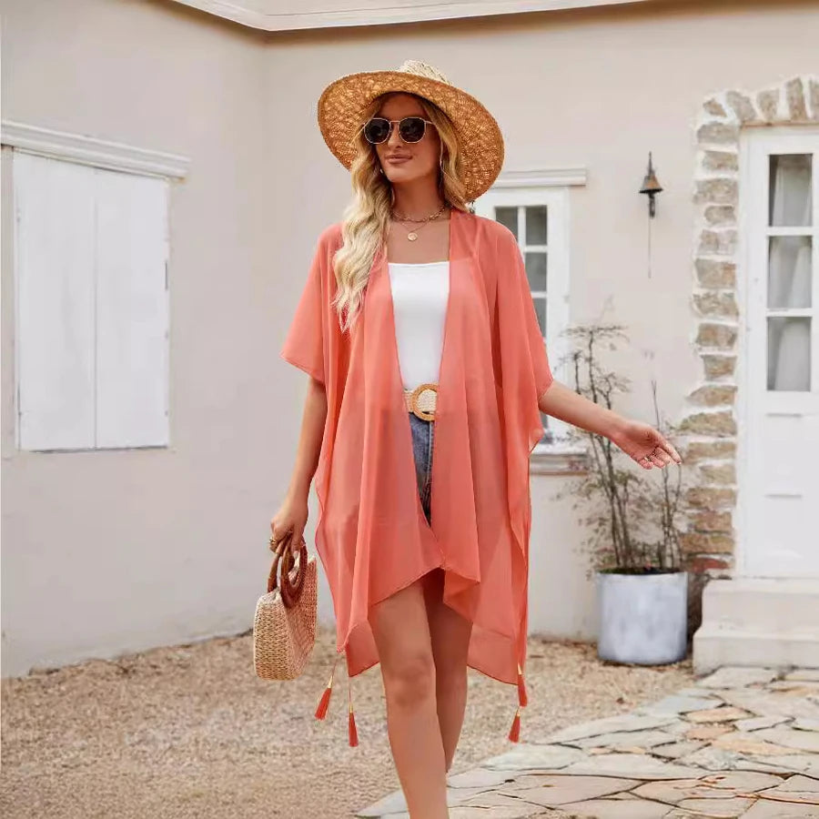 Pure Color Chiffon Beach Cover Up - Women's Sun Protection Long Cardigan Cape