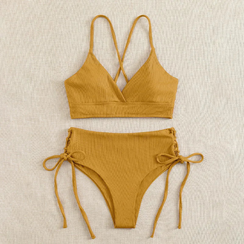 CIKINI Women's V-Neck Lace Up Bikini Set | Solid Color Triangle Swimwear