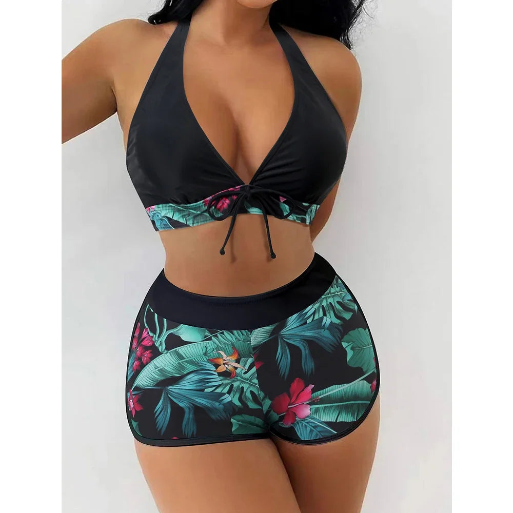 Color Block Sports Bikini Set - Women's Sexy Hanging Neck Cross Split Swimwear for Beach