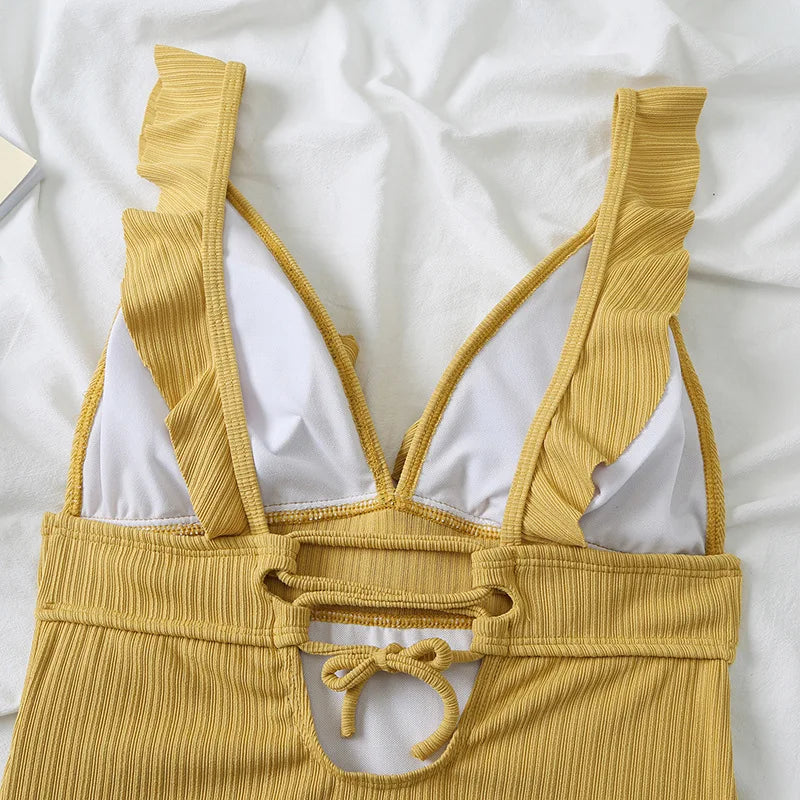 Women's Ruffle One Piece Swimsuit | V-Neck Backless Swimwear with Padded Bra