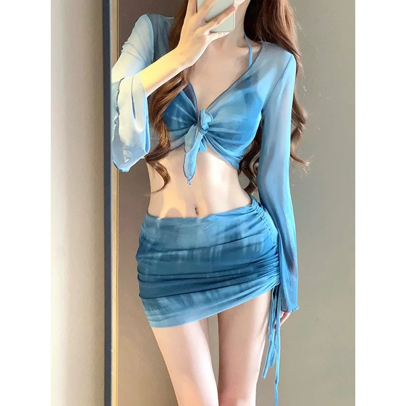 Women's 4-Piece Bikini Set | Waffle Knit Mesh Cover Up & Wrap Skirt for Beach