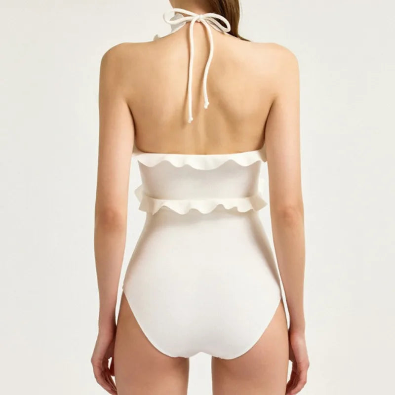 Women's Low-Cut Ruffled One-Piece Swimsuit | Halter Lace-Up Backless Swimwear